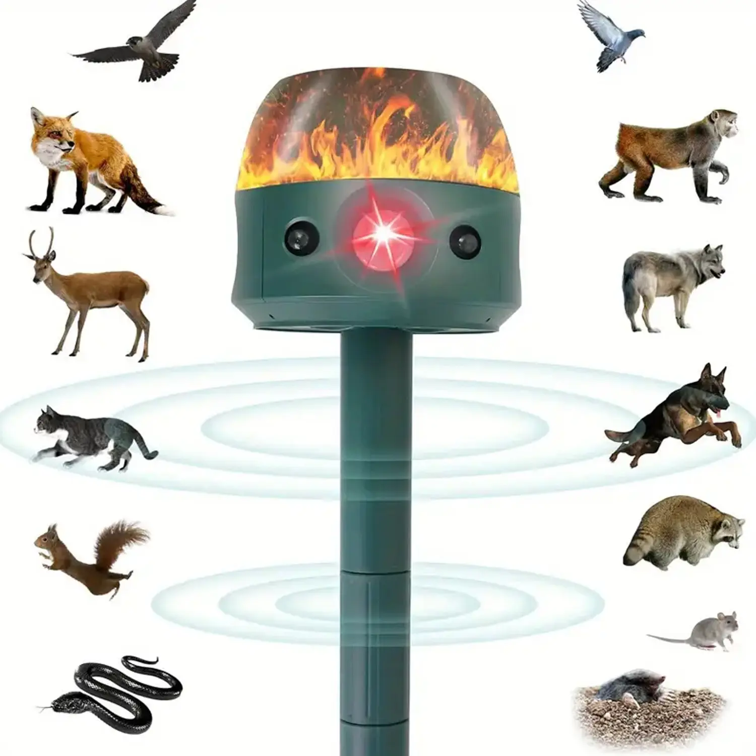 Flame Guard Solar Powered Ultrasonic Animal Repellent - Motion Activated, Waterproof Outdoor Repeller for Cats, Dogs, Deer, Squirrels, Raccoons, Rabbits & More - Yard, Garden, Farm Protection Rechargeable Pest Control Skunk roaches repellent home