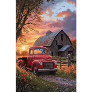 1PCS Vintage Red Truck Barn Sunset Diamond Painting Kit DIY Craft for Home Decor with 5D Rhinestones Fu