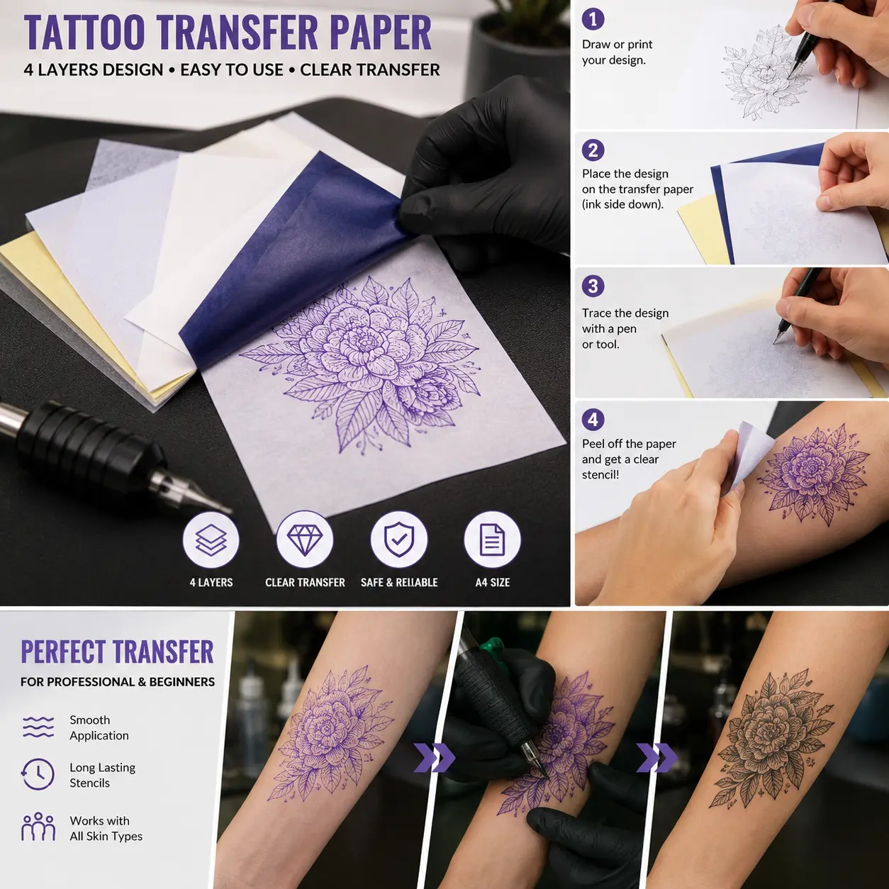Tattoo Transfer Paper 50 Sheets Tattoo Stencil Paper A4 Size 4 Layers DIY Tattoo Tracing Paper Tattoo Kit Tattoo Supplies