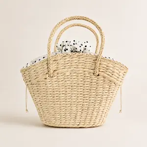 New Trendy Boho Chic Woven Straw Bag for Women Fashionable Summer Vacation Beach Tote Adorable Dumpling Shaped Drawstring Handbag Aesthetic Cottagecore Purse Lightweight Nature Inspired Rattan Tote Bag for Travel Everyday Wear Accessories