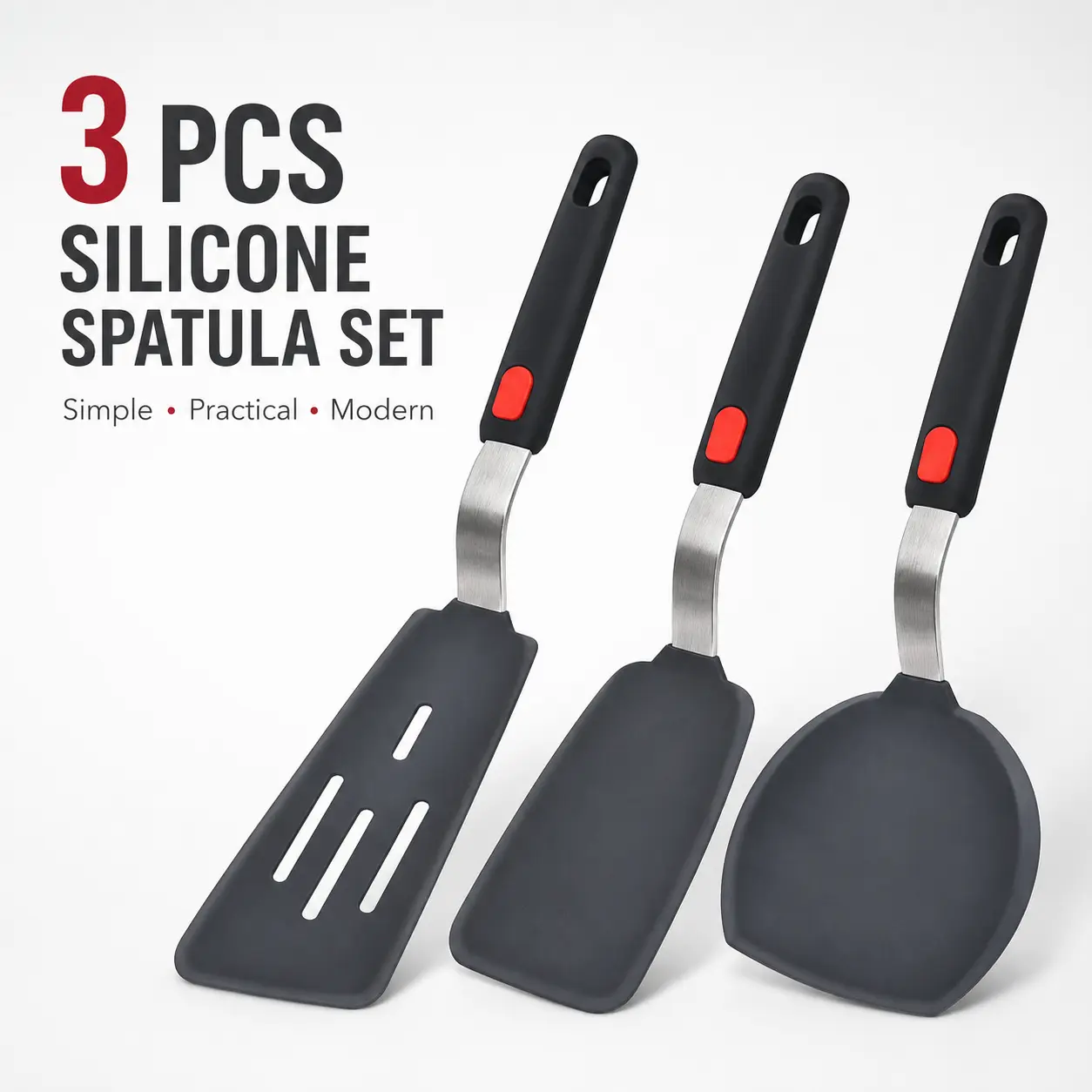 Kitchen 3-Piece Silicone Spatula Set - Lightweight Utensils with Simple, Practical, Modern Design for Cooking