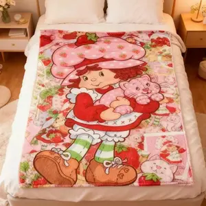 Strawberry Shortcake Berry Meadows Throw Blanket, Strawberry Shortbread: A Little Secret of Berries Cartoon Anime Blanket Kids Flannel Navy Wildbrain It Is An Excellent Gift for Children,Flannel Material Family and Friends