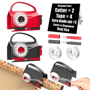 Wrapping Paper Cutter(2-Pack) & Tape Dispenser Dual Use with 4 Tapes，2 Replace Blades Kit for Christmas Gift Wrap Cutter Tool Paper Roll Holder Tube Sliding Slicing for Birthday Holiday.