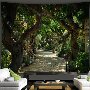 [Vibrant Tapestry] 1pc Ultra Large Peaceful Forest Park Landscape Tapestry |       Vibrant Stone Pathway & Lush Greenery Wall Art, Aesthetic Polyester Print for Living Room, Bedroom, or Office Decor - Includes Free Hanging Clips, Indoor Decoration, Handst