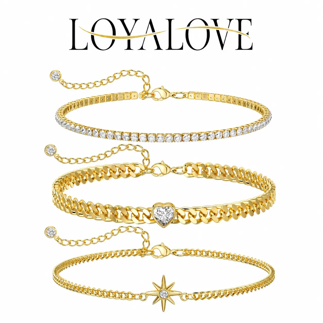 3 Piece Bracelet Set for Women, Stackable CZ Tennis Bracelet, Heart Cuban Link and Starburst Charm Bracelets, Gold Silver Y2K Jewelry Gift for Her