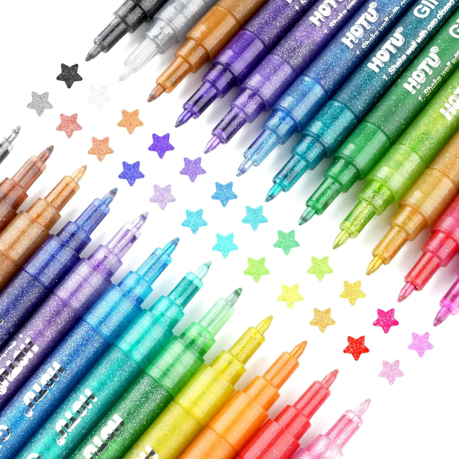 HOTU Glitter Markers Pen，12/24 Glitter Colors Paint Pens Sparkly Metallic Shimmer Acrylic Marker Fine Point Tip 0.7mm Water-based Ink for Kids Adults DIY Crafts Greeting Birthday Cards