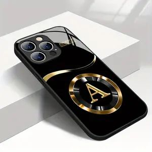 Gold Letter A Pattern Tempered Glass Phone Case for iPhone 17 16 15 14 13 12 11 Pro Max, Shockproof and Durable, Elegant and Luxurious, Best Gift for Yourself, Family, or Friends