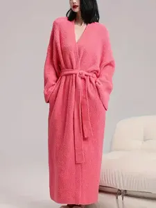 [COZY Soft Plush Feel] Women's Solid Color Thickened Thermal Lined Long Sleeve Drop Shoulder Bathrobe, Loose Casual Soft Comfortable Thermal Warm Pocket Belted V Neck Dressing Gown for Women, Ladies Sleepwear for Winter, Lounge Robe