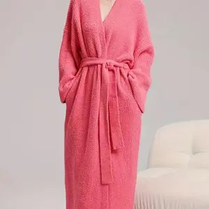 【COZY Soft Plush Feel】Women's Solid Color Thickened  Thermal Lined Long Sleeve Drop Shoulder Bathrobe, Loose Casual Soft Comfortable Thermal Warm Pocket Belted V Neck Dressing Gown for Women, Ladies Sleepwear for Winter