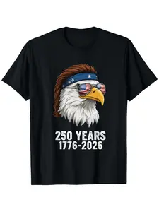 250th Anniversary Eagle Flag 1776-2026 Commemorative T-Shirt |   Unisex Casual Crew Neck Short Sleeve with Eagle Emblem, Solid Color, Perfect for All Seasons, Digital Heat Transfer, Fit Type: Regular, Sizes S-XXXL