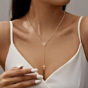 XP 14 K Gold Plated Virgin Mary Rosary Necklace and Bracelet - Dainty Hypoallergenic Copper Jesus Cross Heart Pendant, Non Tarnish Faith Jewelry, Religious Mother's Day Birthday Gifts for Her Girlfriend Gold Statement Chain