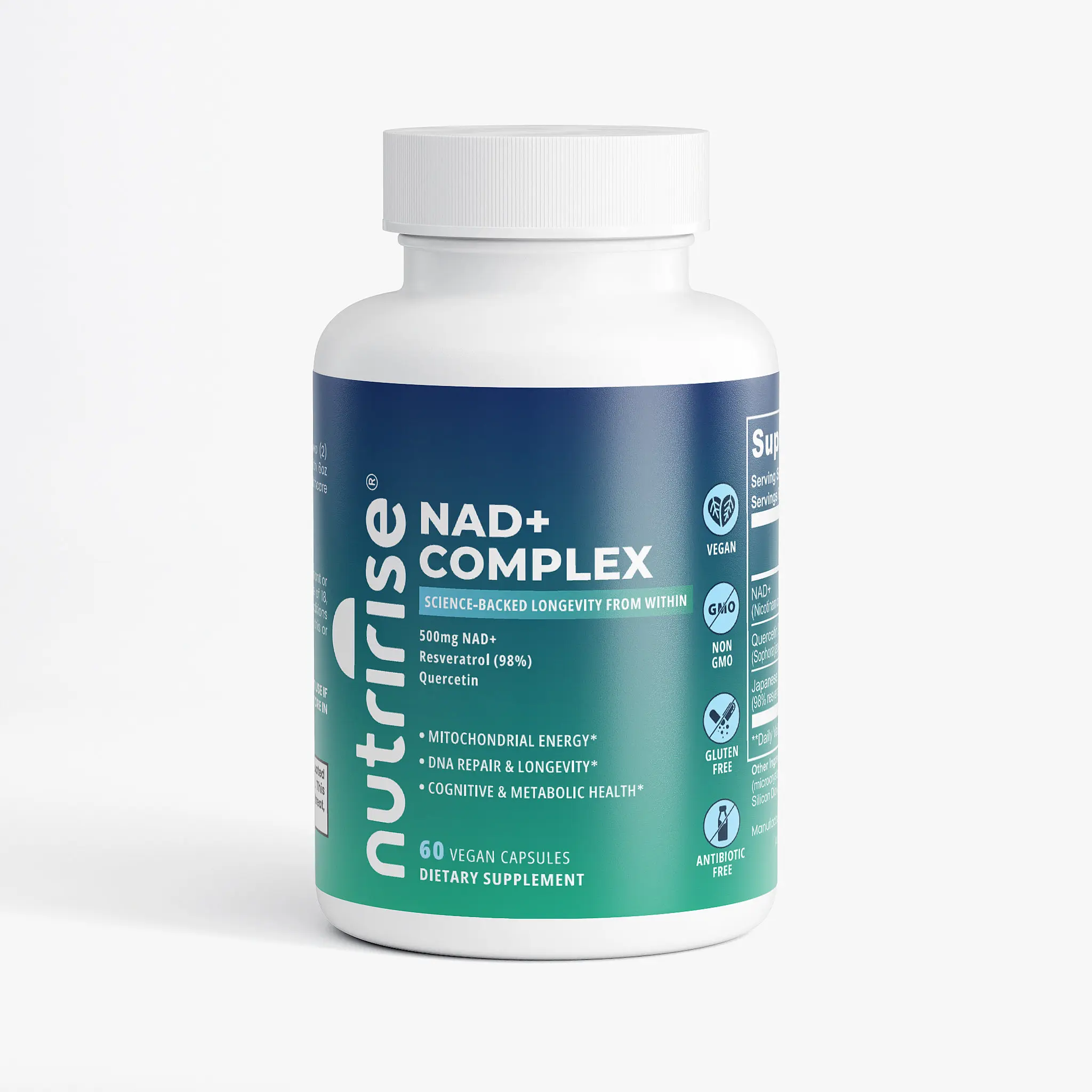 NutriRise NAD+ Complex 500mg | Age Reversal Cellular Support with Resveratrol & Quercetin | Vegan Capsules for Mitochondrial Repair & Longevity