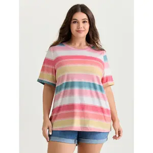 BLOOMCHIC Plus Size Supersoft Colorful Stripes Round Neck T-Shirt [M-6X]2026 Summer Vibes Swimweek