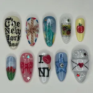 New York City Press On Nails | Handmade 3D Travel-Inspired Nails | Statue of Liberty I Love NY Nail Art | Luxury Almond Press-On Nails with Gift Set (Adhesive Tabs, Nail File, Cuticle Stick)