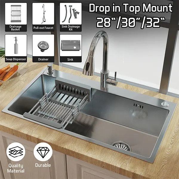 28"/30"/32" Silver Stainless Steel Kitchen Sink Single Bowl Drop In Top Mount With Faucet Set summervibes 28"/30"/32" Silver Stainless Steel Kitchen Sink Single Bowl Drop In Top Mount With Faucet Set summervibes