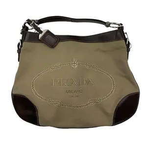 Pre-owned PRADA Khaki Canvas & Dark Brown Leather Trim Shoulder Bag/WJ04220037