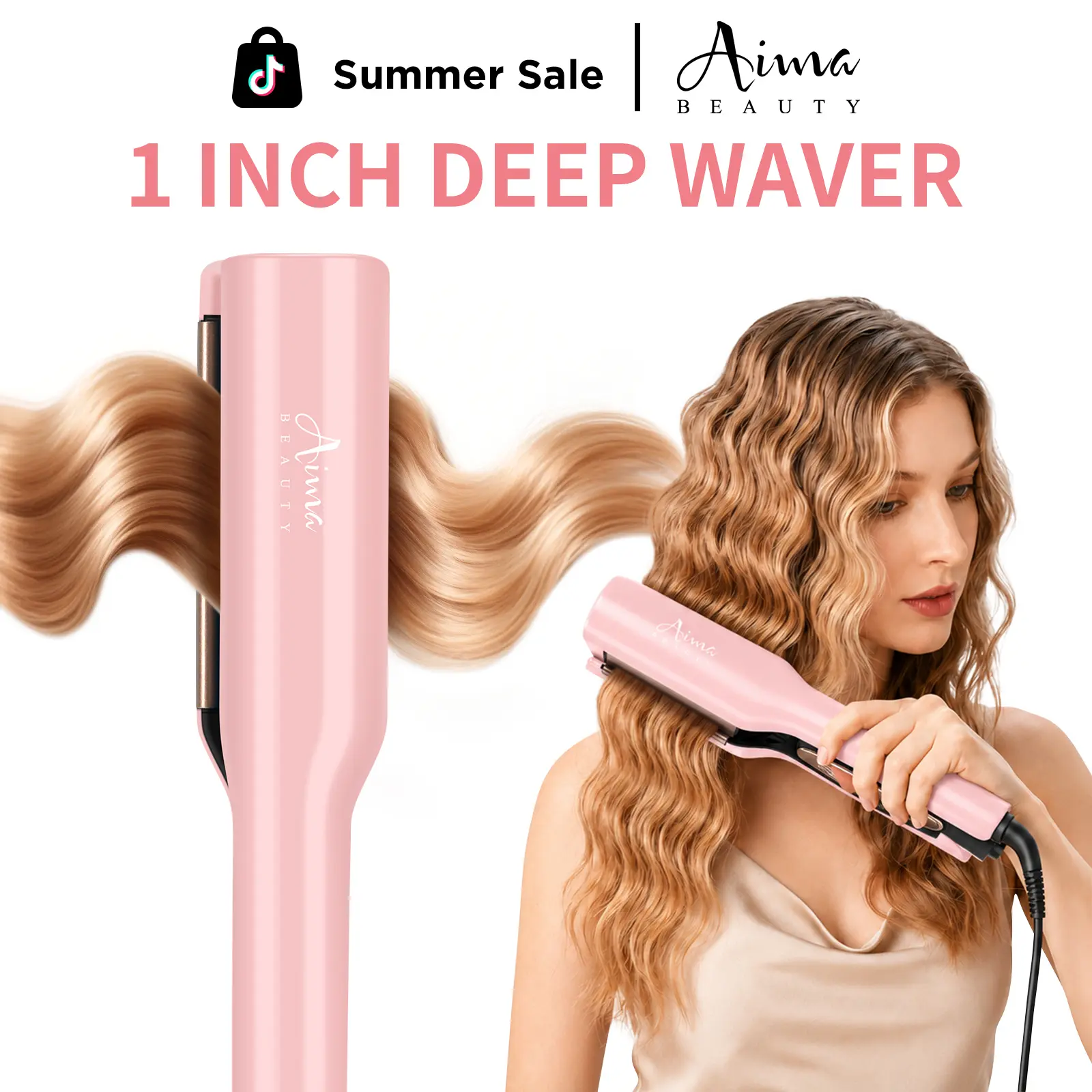 【DEEP WAVER】Aima Beauty 1 Inch Deep Beach Waves Hair Crimper,Negative-lonic Frizz-Free Curling Iron for All Hair Types, Smart Timer, Adjustable Temps,Travel Dual Voltage Anti-Scald Long Lasting Style Mermaid Hair Waver for Women Hair Tools Gift