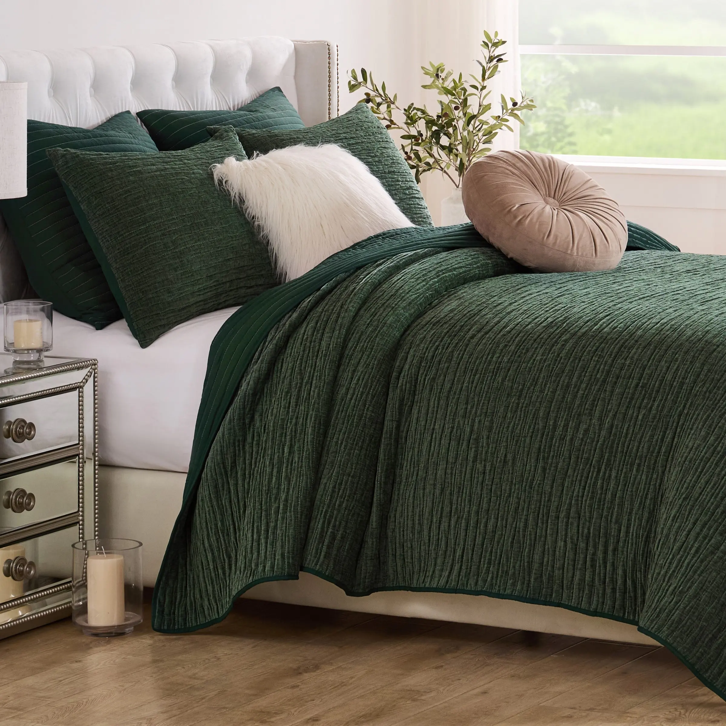 Greenland Home Fashions Velvet Crush Forest Quilt Set – 2-Piece Twin/XL, 68x86 Inches, Soft Green Crushed Velvet