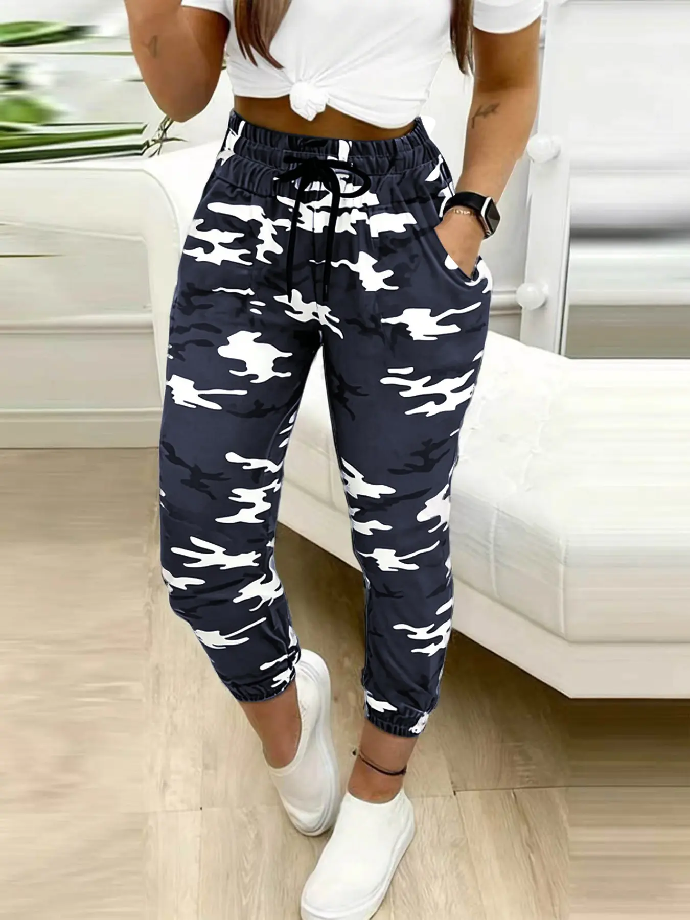 Women's Camo Print Camouflage Drawstring Waist Cargo Pants, Casual Street Pocket Trousers for Daily Wear, Ladies Bottoms for All Seasons, Camouflage Loose Pants, Adjustable Drawstring Pants, Casual Cargo Style