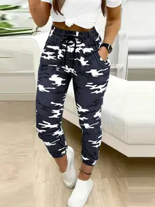 Women's Camo Print Camouflage Drawstring Waist Cargo Pants, Casual Street Pocket Trousers for Daily Wear, Ladies Bottoms for All Seasons, Camouflage Loose Pants