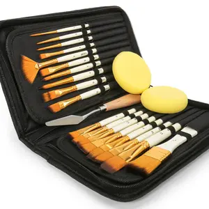 18 Pieces Paint Brush Set, Pearl White,Includes Pop-Up Carrying Case with Palette Knife and 2 Sponges, for Acrylic, Oil, Watercolor and Gouache Painting