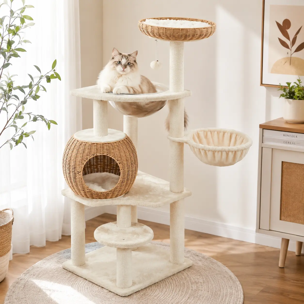 Costoffs 54" Tall Rattan Cat Tree with Sisal Scratching Posts, Cozy Nest & Soft Cushion – Luxury Cat Condo with Hanging Ball, Basket, and Bowl for Small to Medium Indoor Cats