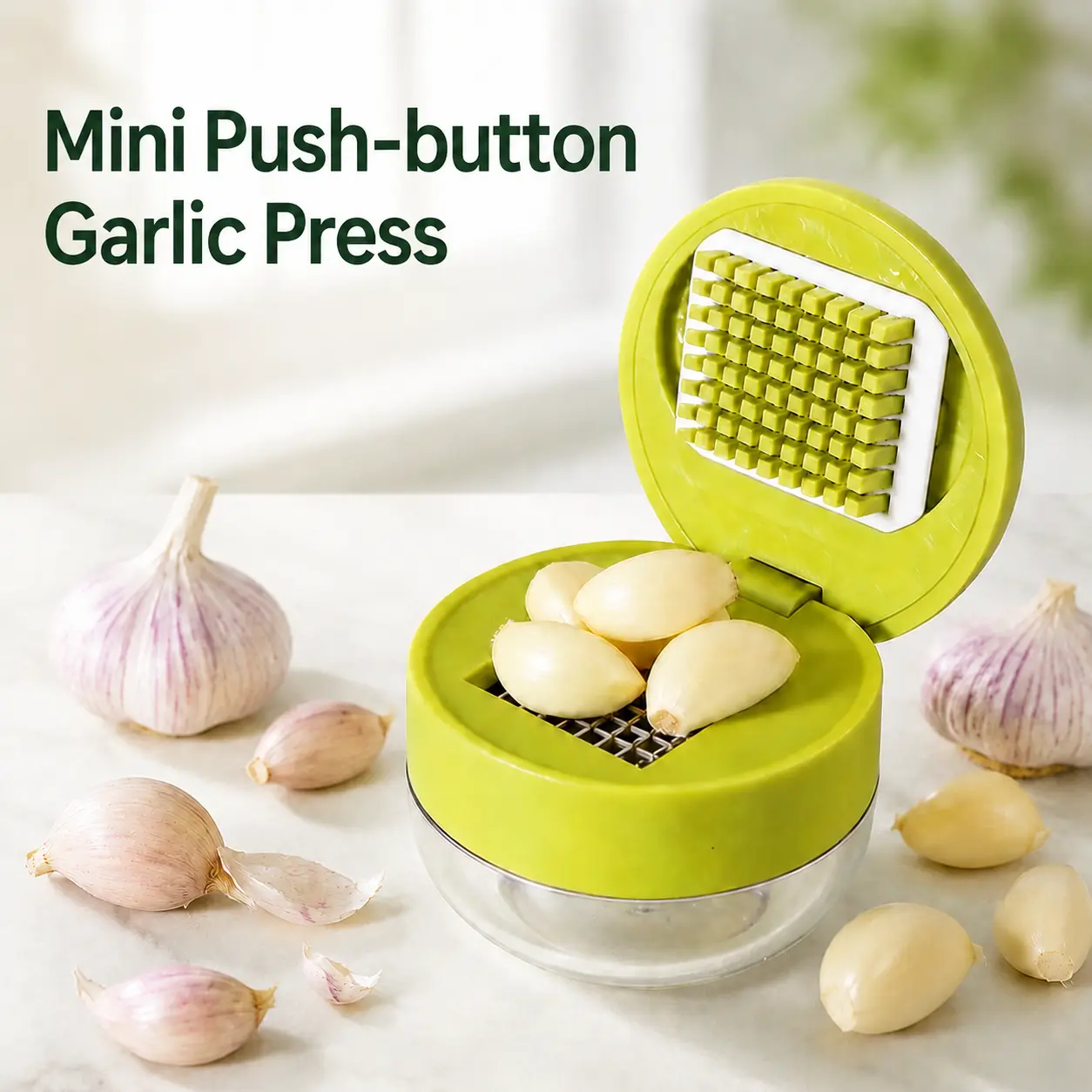 Manual Garlic Chopper with Stainless Steel Blades, Updated Mini Garlic Press & Mincer with Clear Container, Easy-Press Food Prep Tool for Garlic, Ginger, Onion & Chili, Compact Kitchen Cutting Gadget for Quick Chopping