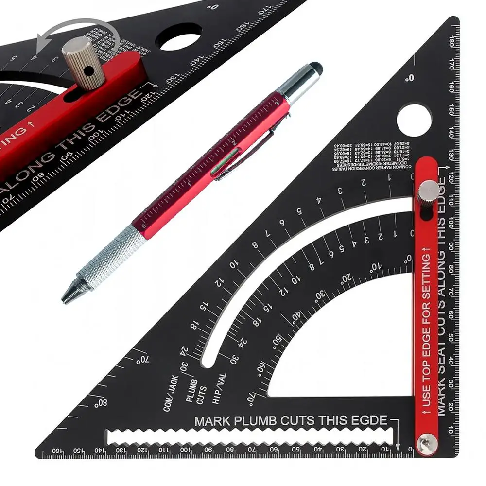 7 Inch Aluminum Alloy Carpenter Square Rafter Square Triangle Ruler, Adjustable Square Ruler with Pen, Multi-Angle Measuring Ruler with Goniometer for