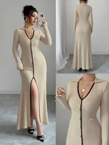 Autumn Winter New V Neck Long Sleeve Dress, Elegant Rose Button Design, Slim Fit Mermaid Hem, Comfortable Ribbed Strips Knit Fabric