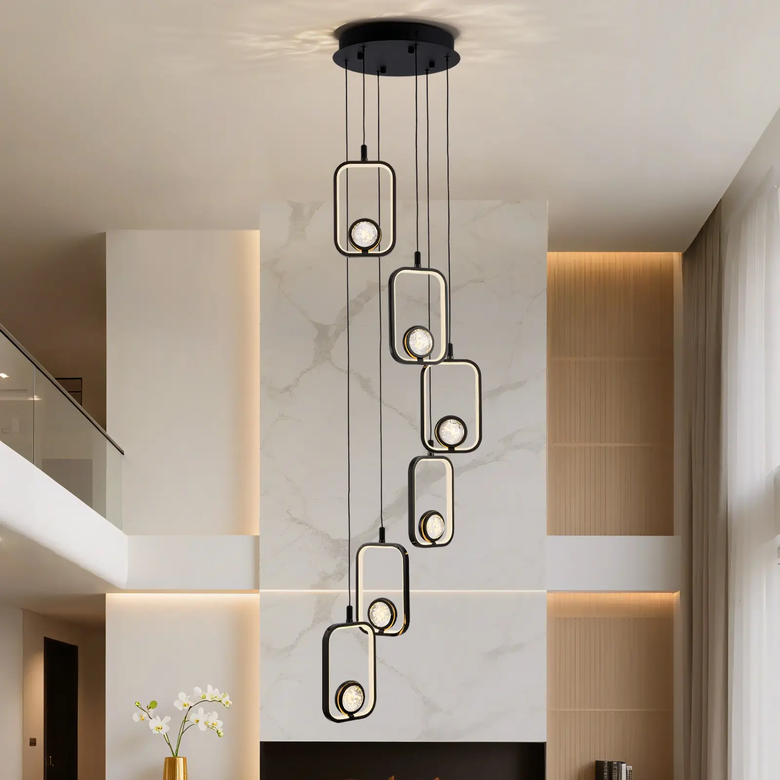 6-Light LED Staircase Chandelier Crystal Ceiling Lights Large Chandeliers for High Ceilings, Entryway Modern Lighting Fixture Villas and Stairs Staircase Living Room Hallway Entryway，Adjustable Length f Dimmable Chrome