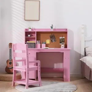 Study Desk and Chair Set for Children, Study Table for - Features Bookshelf, Bulletin Board, Cabinets and Drawer, Pink-C