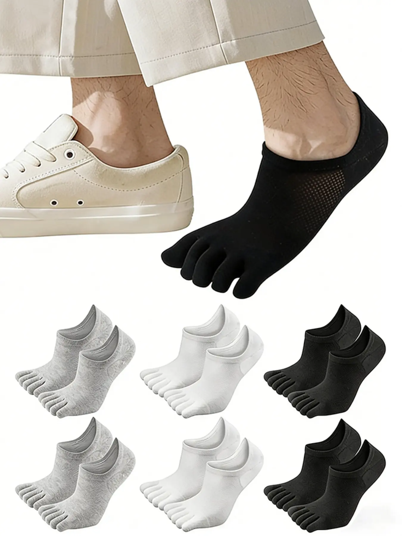 6 Pairs Invisible Knit Socks for Men and Women, Five-Finger Design, Ankle Style, Casual, Summer Low-Cut, Silicone Anti-Slip, Sizes 38-43