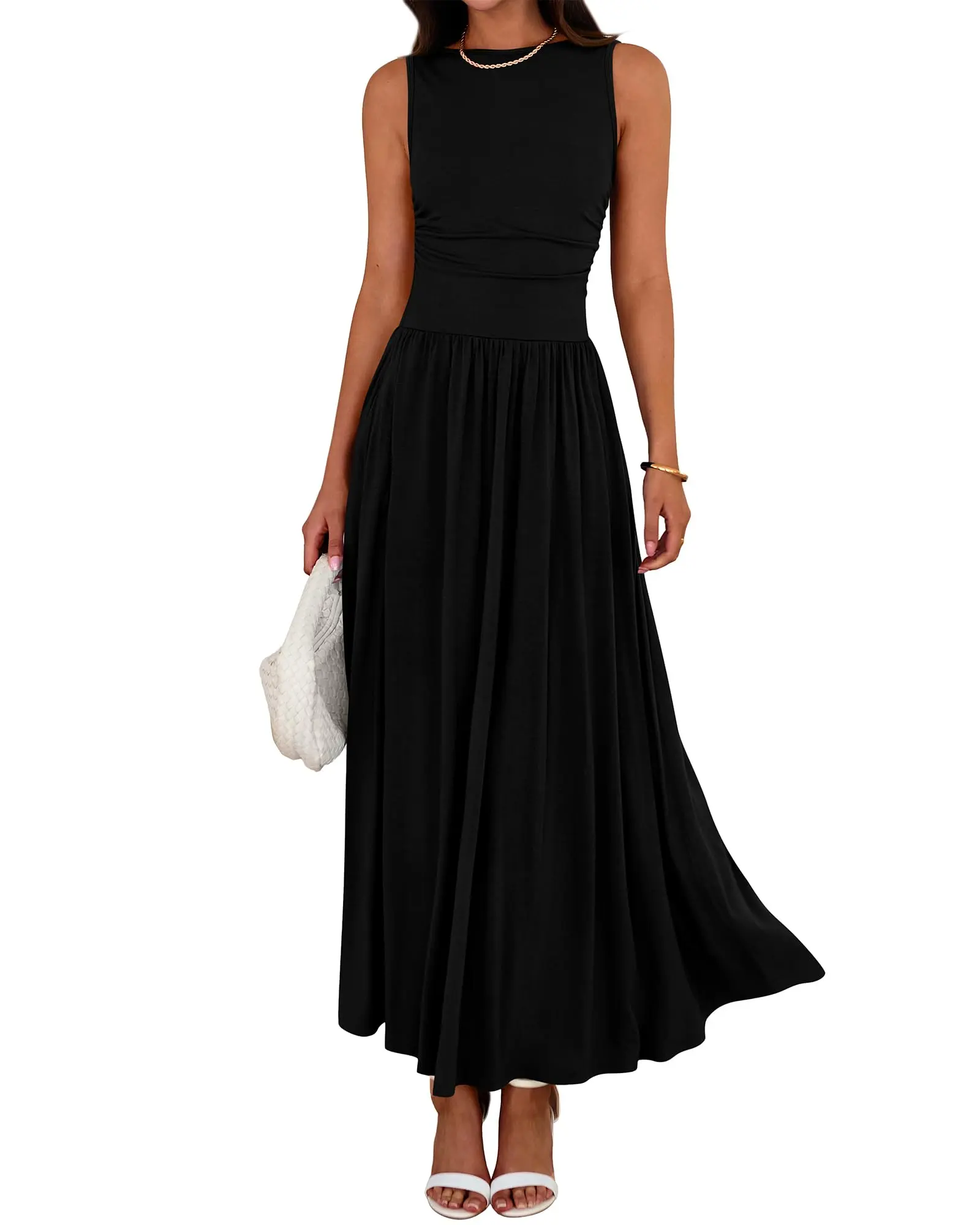 BTFBM Women’s Summer Maxi Dress 2026 Sleeveless Ruched High Waisted Flowy Long Sundress Casual Beach Vacation Dress