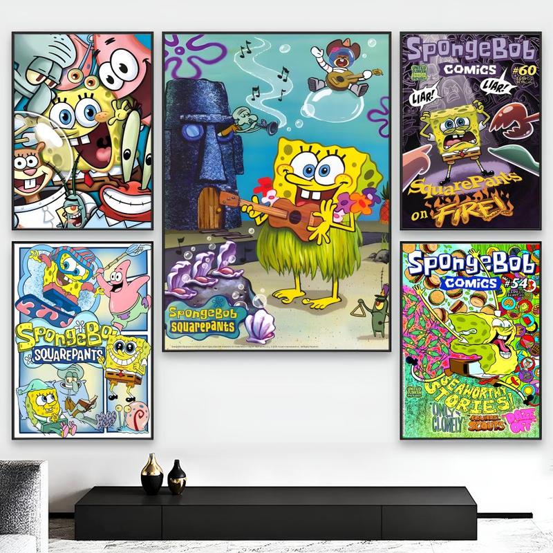 Animated Cartoon S-Sponge-Bob Poster Sticky Wall Art Printing Waterproof Modern Aesthetic Home Living Bedroom Decor Trendy Room Decoration Gift Durable High Quality