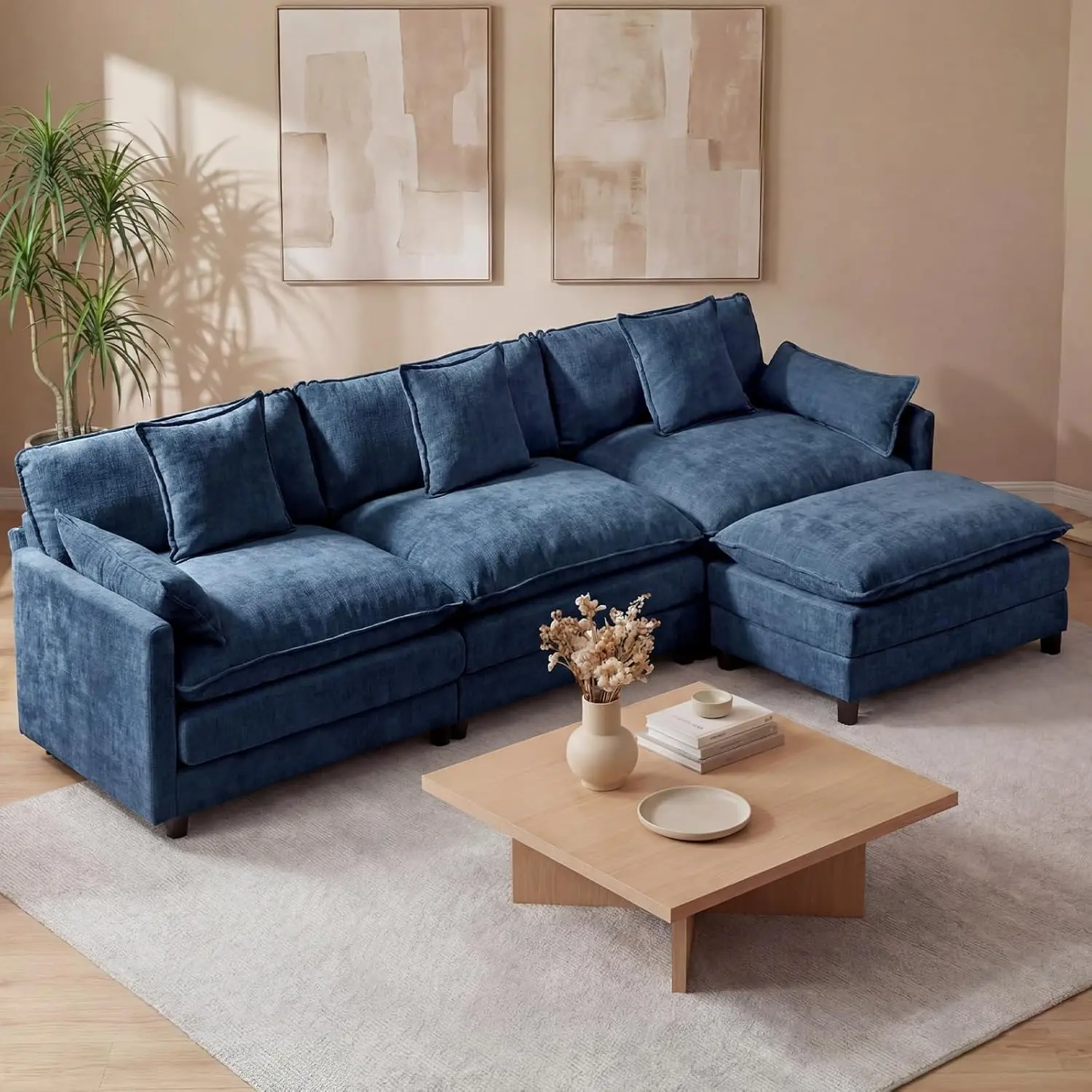 JOYVELLEHEIM 108in L-Shaped 3-Seat Modular Corner Sofa Couch, Sturdy Chenille Upholstered Piece with Spring-Embedded 30D Foam Cushions, Removable Covers, Easy-Assembly Ottoman Included for Living Room (Blue, Black)