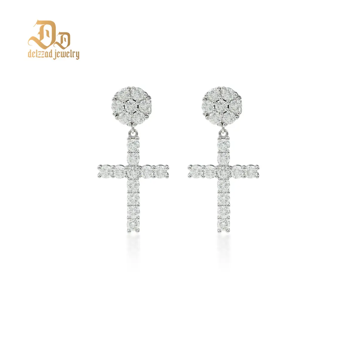 Delzzad Studded Cross Dangle Earrings S925 VVS Synthetic Moissanite Hip Hop Earrings Jewelry Perfect Birthday Mother’s Day Gift for Men Women Silver E