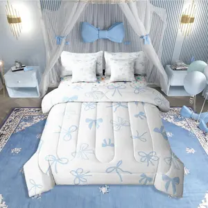 Bowknot 7 Piece Bedding Set,Kawaii Bow Comforter Bed Set with Sheets,Cartoon Dreamy Bow Tie Bed Bagsimple White Blue Kids Girls Women Bed Set