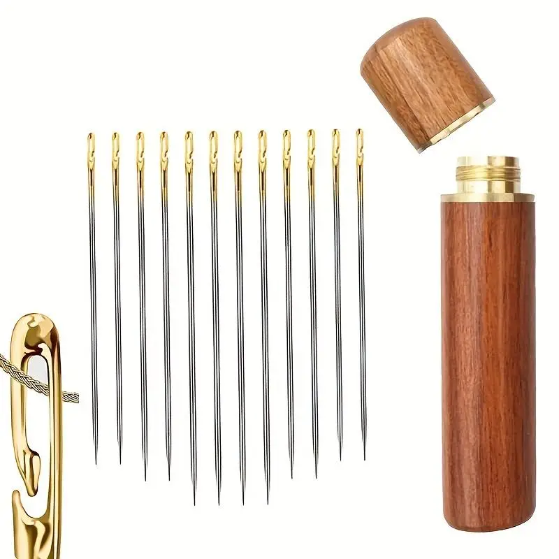 12pcs Stainless Steel Needle, Portable Handmade Sewing Needle, Durable Needle with Wooden Box for Women Girls DIY