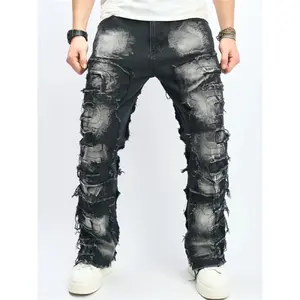 Men's Slim-Fit Denim Jeans Korean Style Elastic Patchwork Embroidery Raw Hem Cat Whisker Fashion Micro Flare Pants