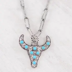 Western Steer Pendant Necklace with Blue Stones and Decorative Elements