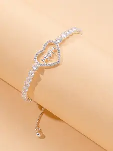 Fashion Elegant Heart & Letter Design Link Bracelet, Rhinestone Decorated Bracelet for Women, Trendy Accessories for Party and Daily Life, Valentine's Day, Gift, Heart Shaped Bracelet