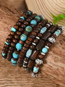 7-Piece Boho Turquoise Beaded Bracelet Set, Handmade Ethnic Style Multi-Layer PU Leather Jewelry Bohemian Charm for All Seasons