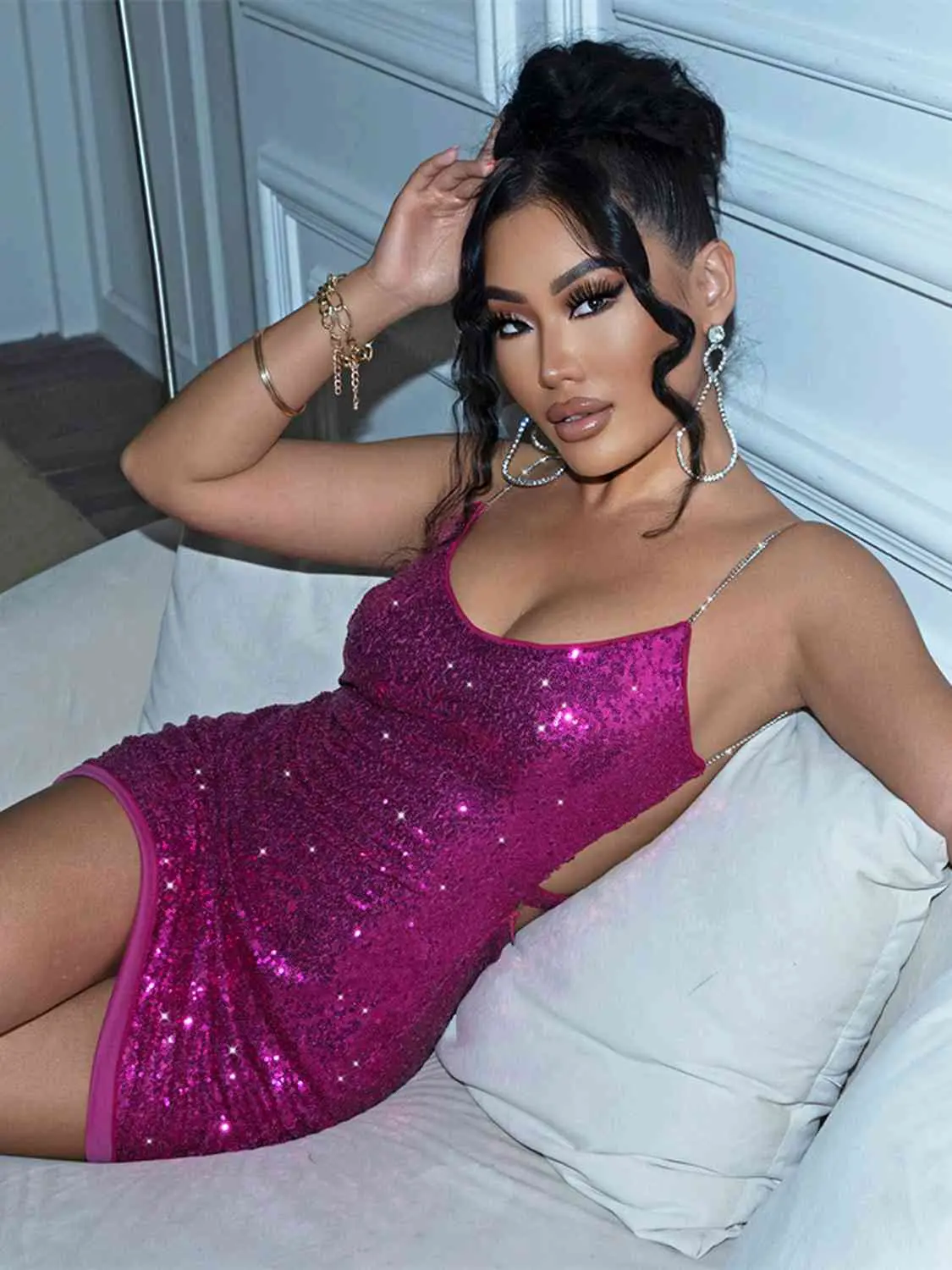 Sequin Cutout Spaghetti Strap Mini Dress Casual Womenswear Stretchy