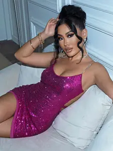 Sequin Cutout Spaghetti Strap Mini Dress Casual Womenswear Stretchy