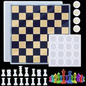 18pcs  Chess Set with Checkers Board Silicone Resin Mold, Full Size 3D Chess Crystal Epoxy Casting Molds for Art Crafts Making, Family Party Board Games And Home Decoration ﻿
