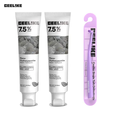 CEELIKE Ortho Bundle Kit Teeth Care Kit - 3-Piece Oral Protection Set with 2 Fruity Repairing Hydroxyapatite Enamel Toothpastes for Damage Repair & Fresh Breath, 1 Orthodontic Toothbrush for Full Mouth Care, 3 Piece Set
