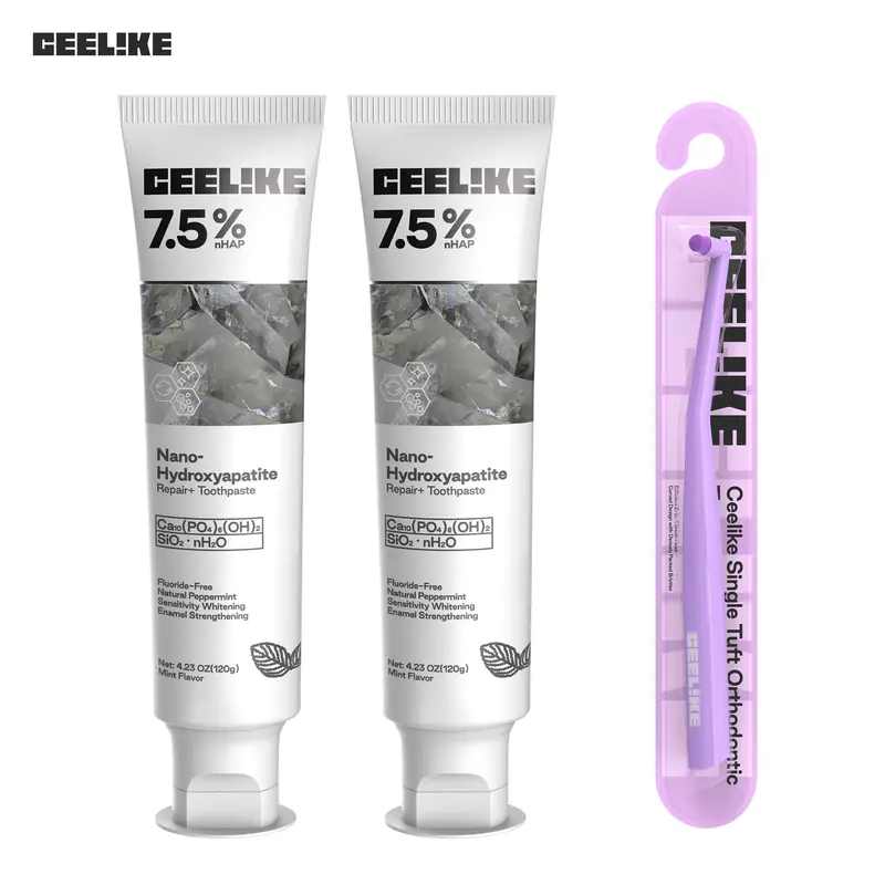 CEELIKE Ortho Bundle Kit Teeth Care Kit - 3-Piece Oral Protection Set with 2 Fruity Repairing Hydroxyapatite Enamel Toothpastes for Damage Repair & Fresh Breath, 1 Orthodontic Toothbrush for Full Mouth Care, 3 Piece Set