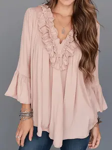 Women's Light Wood Lace Trim Ruffle V Neck Top, Medium Sleeve Bell Sleeves Loose Lightweight Chiffon Blouse, Casual Fashion Shirt
