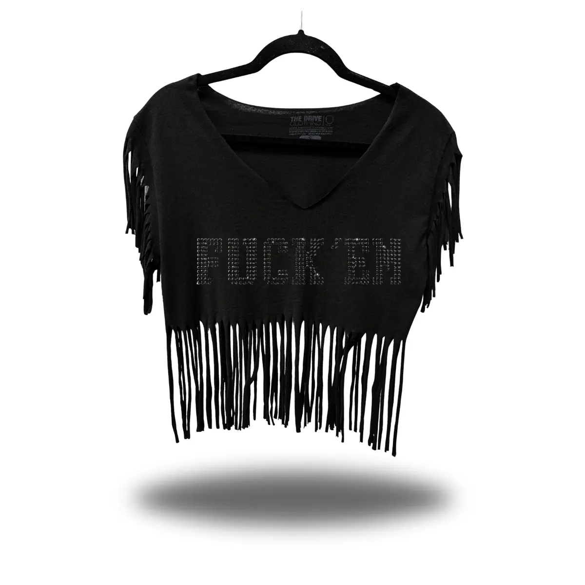 Women's In-House Statement Blouse, Black Rhinestone Western Fringe Crop Top, Shortsleeve, Casual