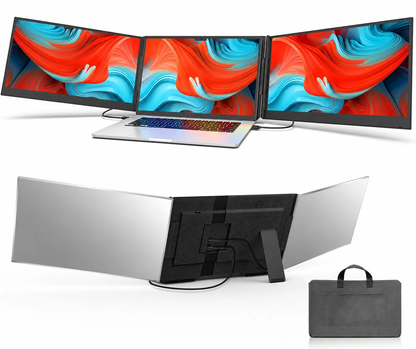 15.6" Laptop Screen Extender, 1080P FHD Triple Portable Monitor for Laptops, Ultra-Slim Travel Dual Monitor Fit for 12"-17.3" Laptops, USB-C Plug&Play Extended Screen Compatible with Win/Mac/Android